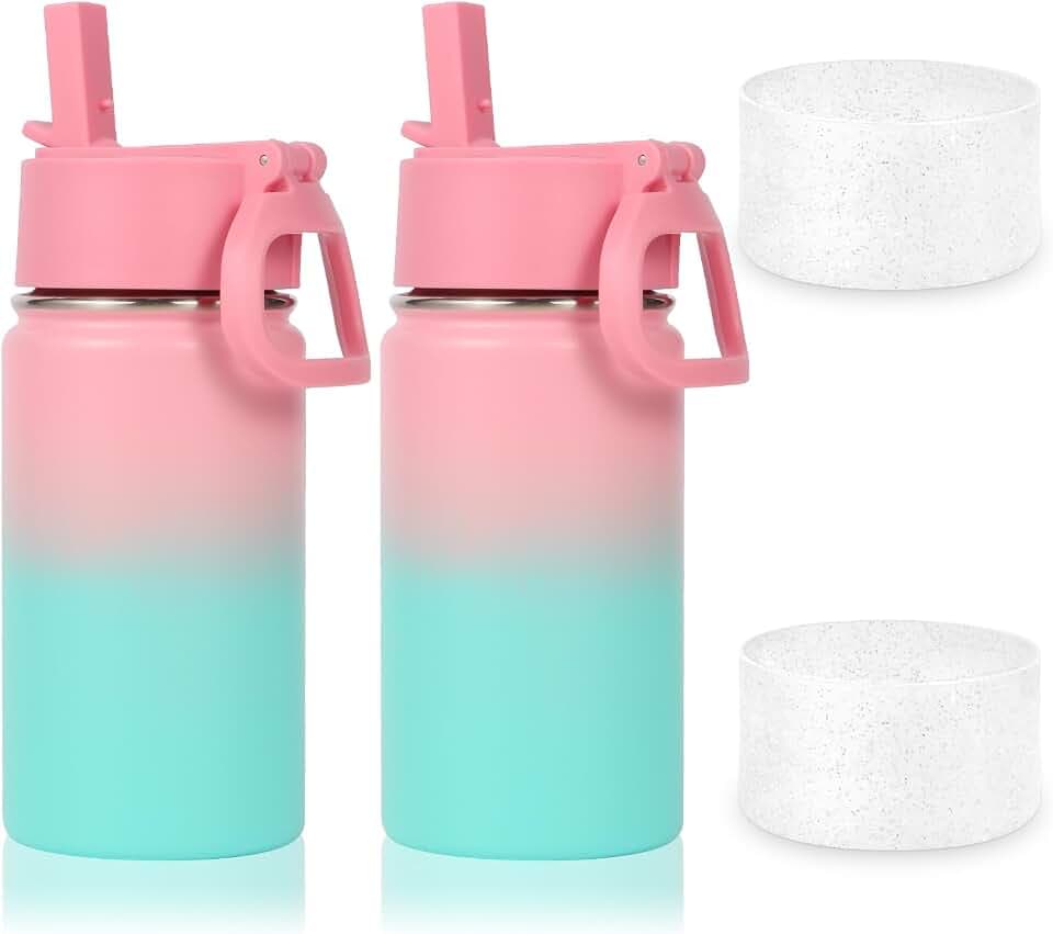 Volhoply 14oz KIds Water Bottle with Straw Lid and Silicone Boot Bulk 2 Pack,Stainless Steel Insulated Cups for Boys & Girls Multipack,Double Wall Vacuum Leakproof Bottles(Pink Green,2)