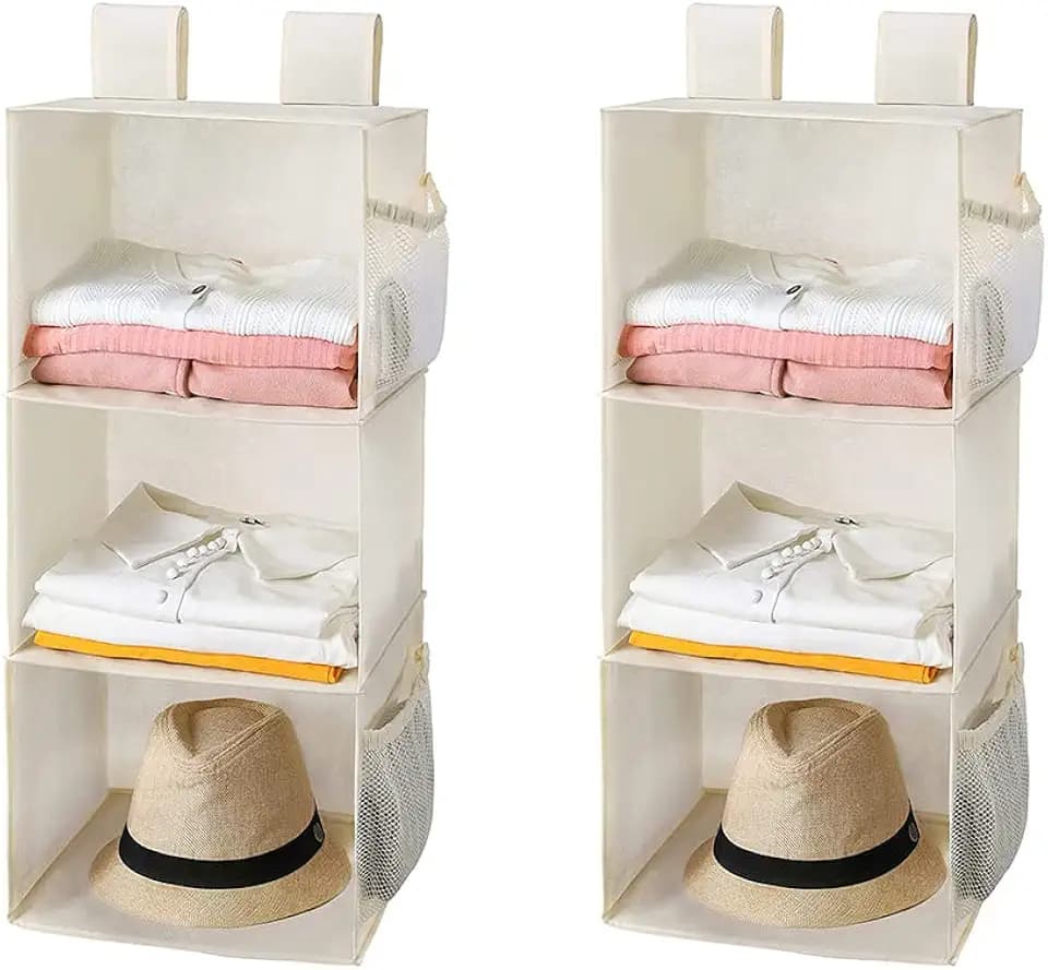 MAX Houser 2 Pack 3 Shelf Hanging Closet Organizer with 2 Velcro, Beige
