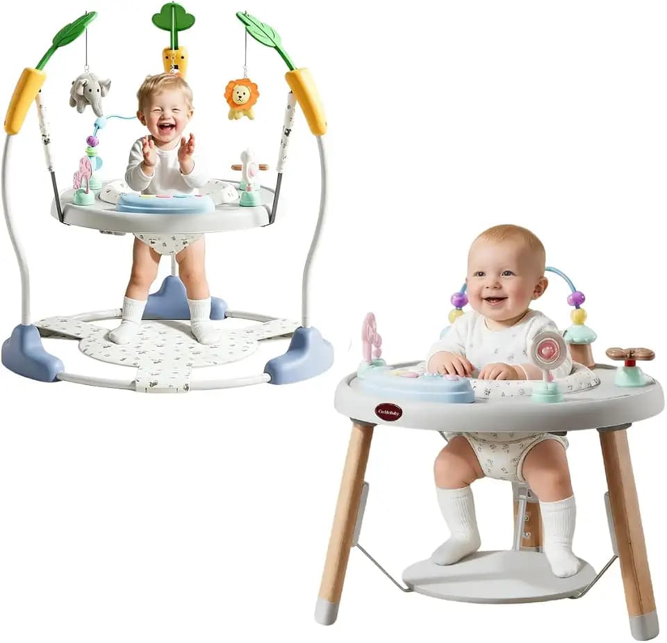 CuddoBaby Baby Jumper 4-Stage Convertible| Montessori -Inspired 8 Interactive Toys| Tummy Time Playmat, Bouncer, Exersaucer, Toddler Table| Music & Lights | 3-6, 6-12, 12-18, 12-24 Months - Gray