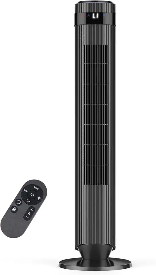 OLIXIS Tower Fan for Bedroom, 28dB Quiet Floor Standing Fan with Remote, 12H Timer, 5 Speeds, 4 Modes, LED Display, Portable Bladeless Oscillating Cooling Fan for Indoor, Home, Office - Black