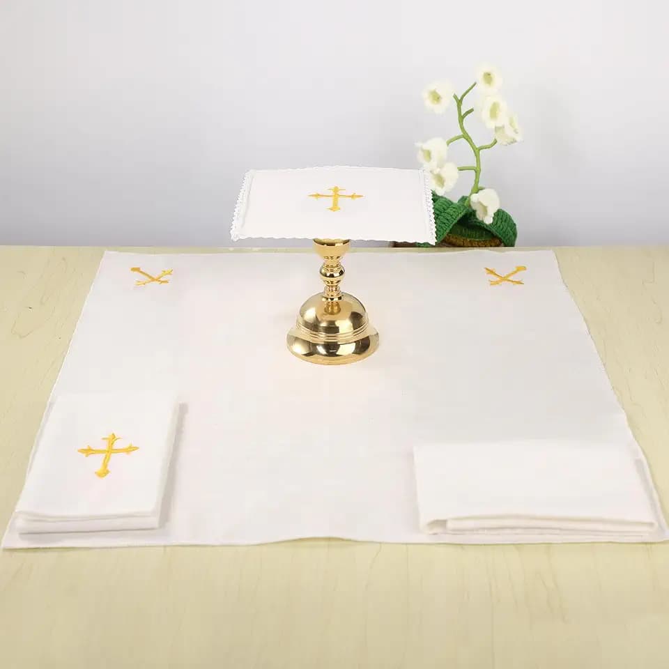 TALPGOD 4 Pcs Altar Supplies Linen Corporal for Churches Set(Pall,Corporal,Purificator,Towel),White Linen Altar Cloth Gold Cross Embroidery,Mass Kit Catholic for Priest