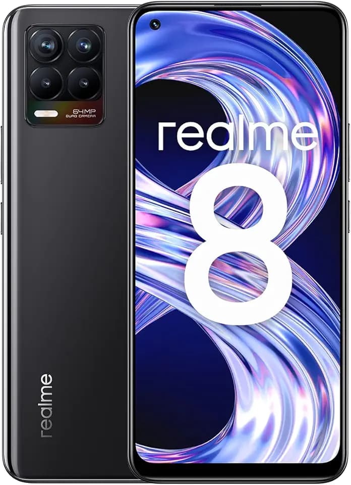 realme 8 Smartphone ohne Vertrag, 64MP AI-Quad-Kamera Android Handy, 6,4 Zoll Super AMOLED Display, 30W Dart Charge, Starker 5000mAh Akku, Dual Sim, NFC, 6+128GB, Cyber Black