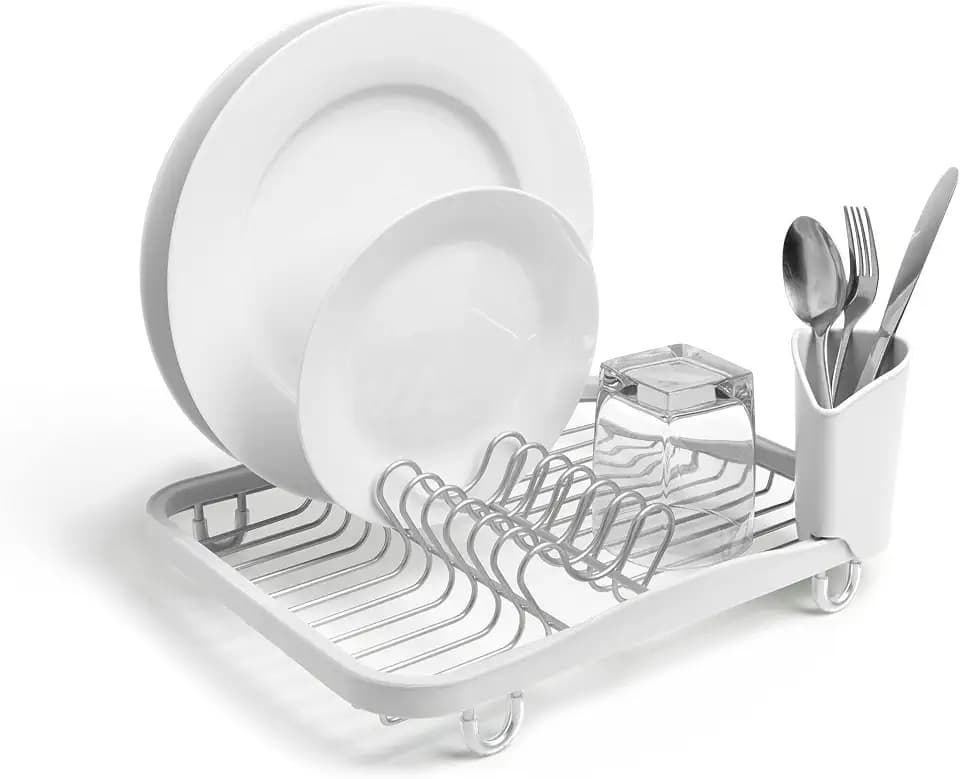 Umbra Sinkin Dish Drying Rack, in Sink or Countertop Drainer, White/Nickel