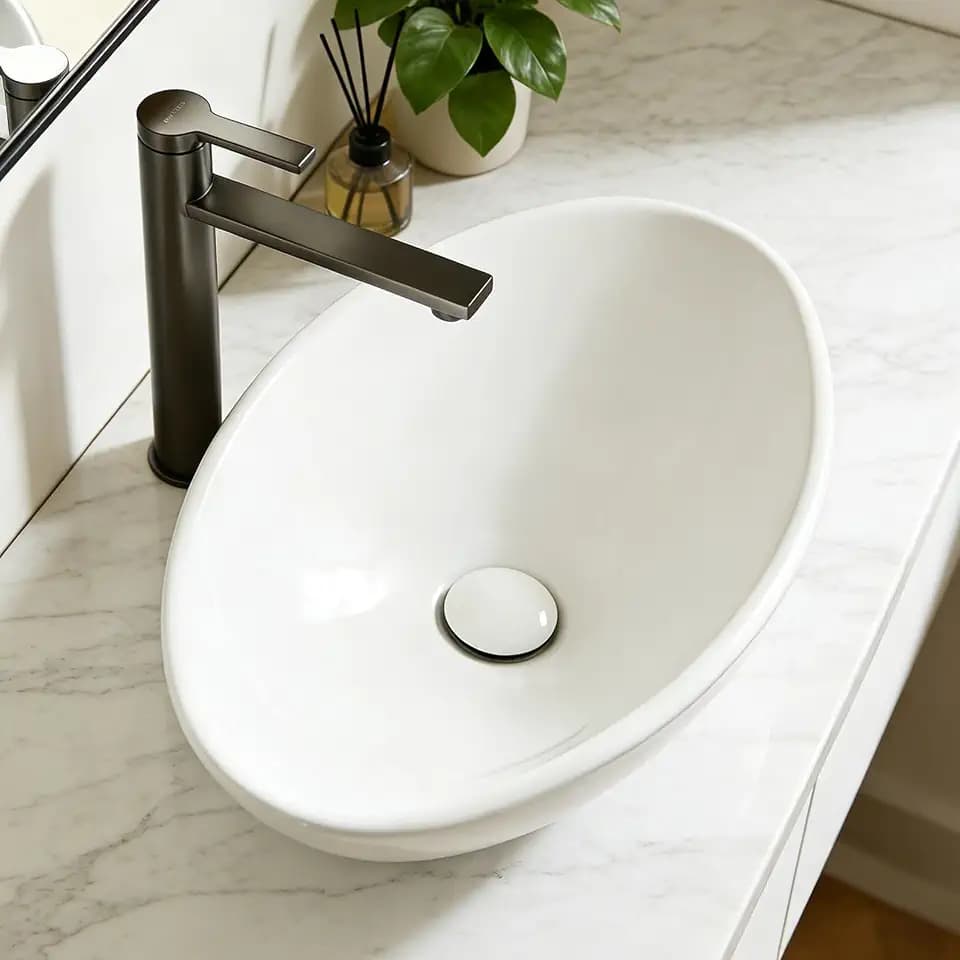 NUESTRA VIDA 20.5" x 12.6" x 5.5" Glossy White Egg Shaped Vessel Sink, Modern Above Counter Bathroom Vanity Basin