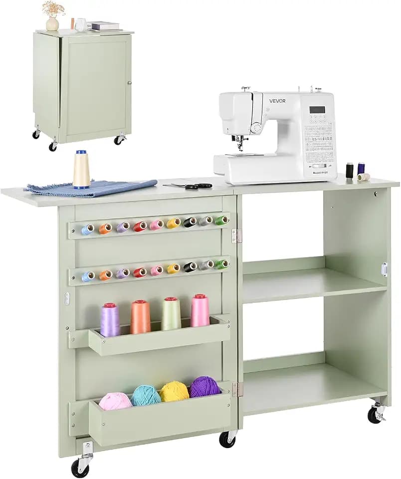 VEVOR Folding Sewing Table, Multipurpose Sewing Machine Table with Compact Design, Wheels, Wooden Pegs, Storage Trays and Shelf, Magnetic Door Lock, Craft Station and Side Desk for Home, Light Green