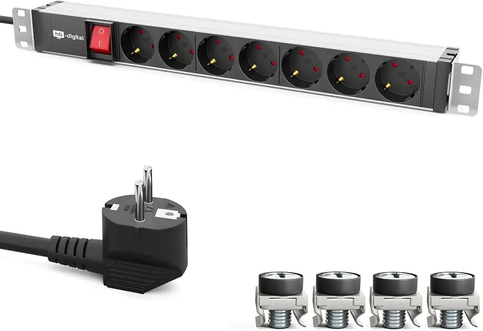 hb-digital 19 Zoll Steckdosenleiste 7-Fach für Serverschrank 1HE - Aluminiumprofil 230VAC /16 A - für Netzwerkschränke Serverschranke mit Befestigung - kompakte Energieverteilung, Überspannungsschutz