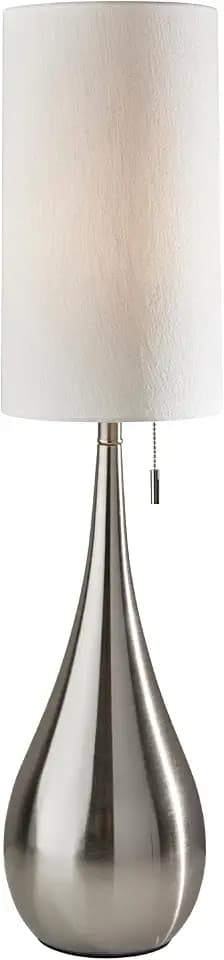 Adesso Brushed Steel Table Lamp with White Fabric Shade – Pull Chain Accent Light for Bedroom, Living Room, or Home Office, 34.5” Tall