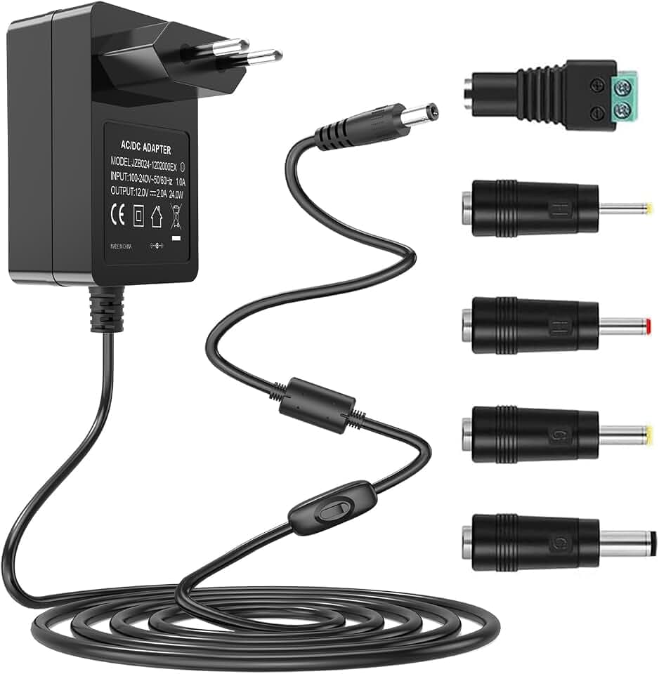 12V Netzteil, 12V 2A AC-zu-DC-Stromversorgungskabel mit 5 Anschlussstücken