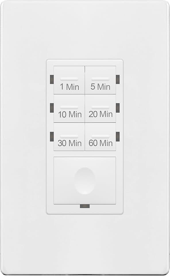 ENERLITES 1-Hour Countdown Timer Switch, 1-5-10-20-30-60 Min, for Bathroom Fans, Heaters, Lights, LED Indicator, 120VAC 800W, No Neutral Wire Required, UL Listed, HET06-J6-W, White, 1 Pack