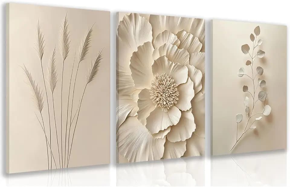 Hianan Wrapped Canvas Neutral Beige Botanical Wall Art Set of 3, 12x16 in