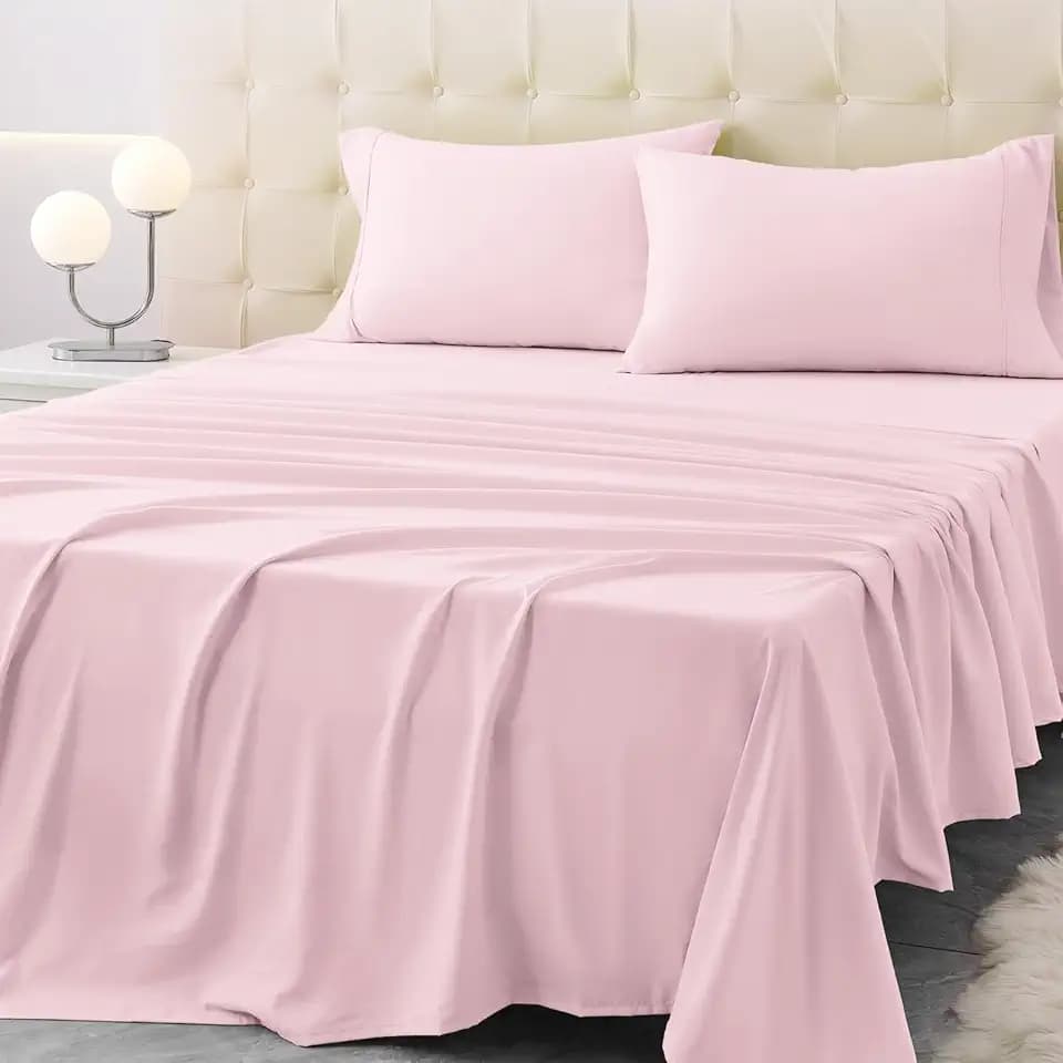 Queen Size Bed Sheet Set - 4 Piece Soft Microfiber Sheets with Deep Pockets, Cooling Technology, and Wrinkle-Free Pillowcase. Hotel-Quality, Durable Bedding, Light Pink