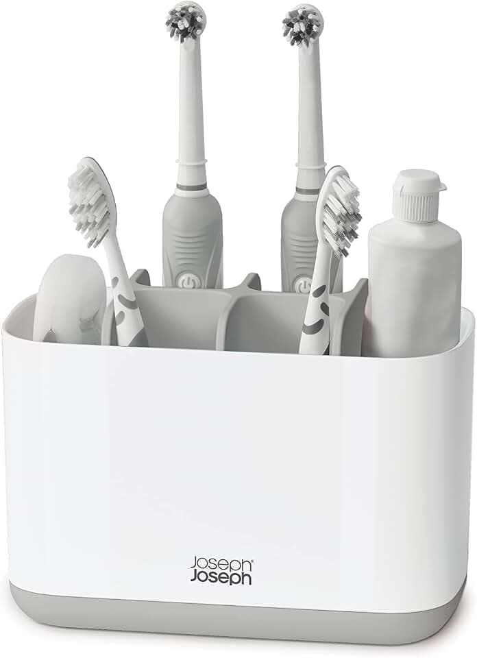 Joseph Joseph Easy-Store - Toothbrush and Toothpaste Holder Caddy, Bathroom Storage Countertop Organizer, Large, Grey/White