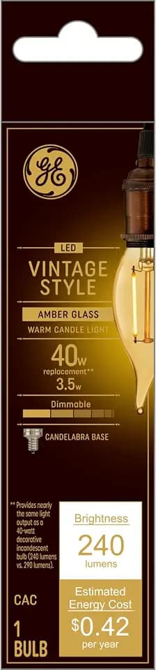 GE Vintage Style LED Light Bulbs, 40 Watt, Amber Finish, Warm Candle Light, Decorative Bulb, Small Base (1 Pack)