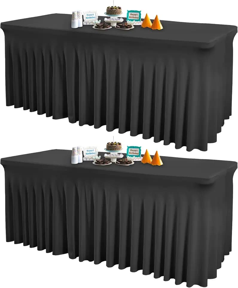 2 Packs Black Spandex Tablecloths for 6 Foot Rectangle Tables, Wrinkle Free 6ft Fitted Table Cover Stretch Table Cloth Desk Skirt for Weddings Banquet Baby Shower Birthday Party Events Decorations