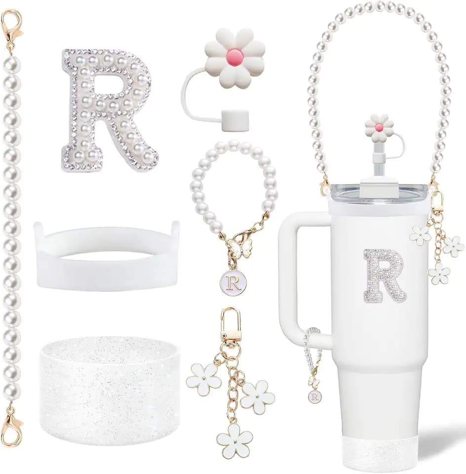 Cup Accessories Set for Stanley- Including Water Bottle Carrying Pearl Strap, Handle Letter Charms Sticker, Siliocne Cup Boot Straw Cover for Stanley 40oz & 30oz Tumbler Accessory Kit R