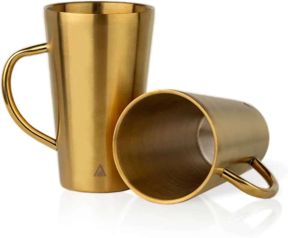 BigBak™ Stainless Steel Cups Set of 2 – 15Oz Double Wall Insulated Coffee Mug Set with Anti-Slip Bottom – Unbreakable Stainless Steel Coffee Cup Camping Mug – Modern and Elegant Design – Gold