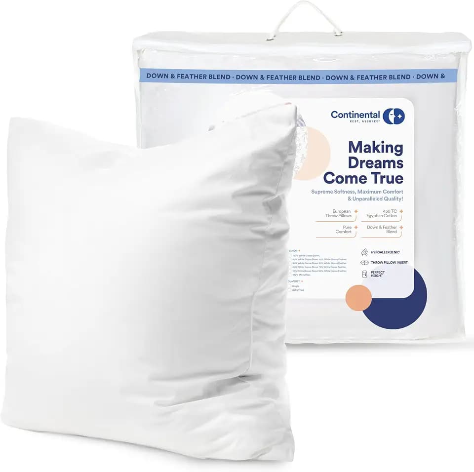 Continental Bedding Throw Pillow Inserts - 16x16, White Goose Down, No Feather - Soft Decorative Euro Pillows for Couch, Bed, Sofa & Living Room - Luxurious Comfort & Support