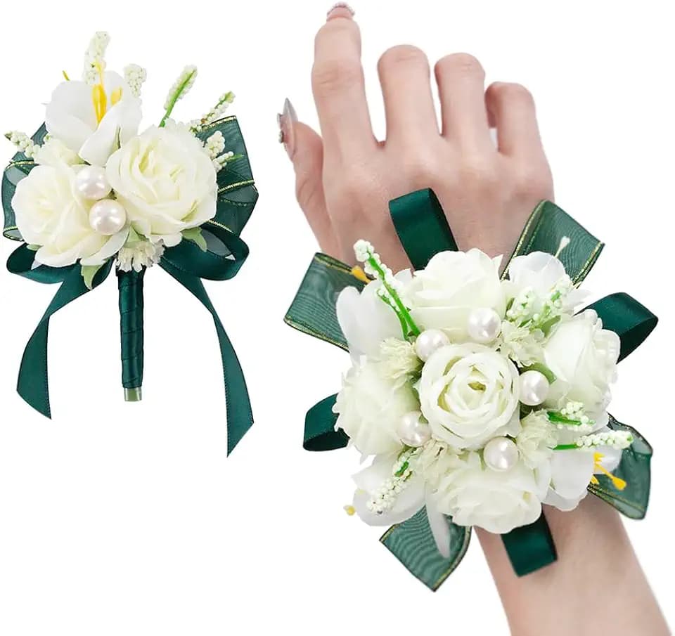 White Green Corsage and Boutonniere Set Prom Wrist Corsage Flower