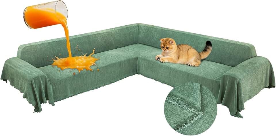 1OO% Waterproof Corner Sectional Couch Covers L Shape Chenille Sectional Sofa Cover with Tassel Soft Thick Washable Sofa Slipcover Furniture Protector for Dogs Pets (91" x 276", Light Green)