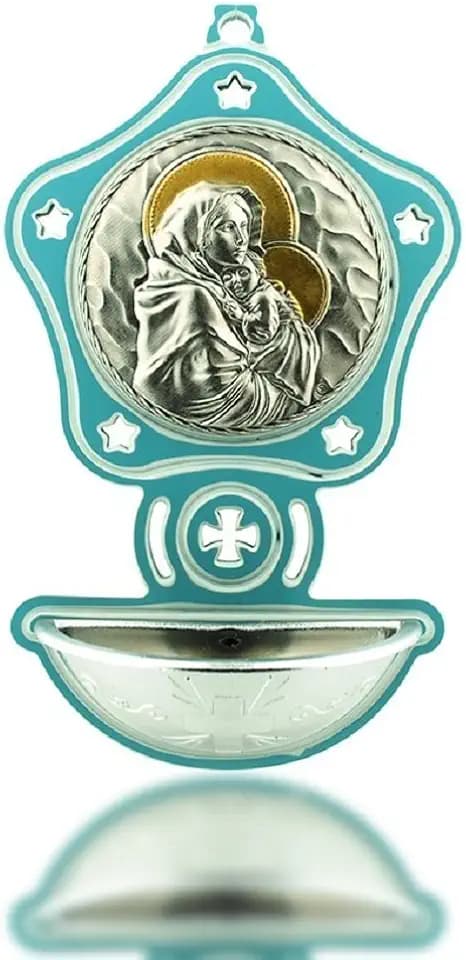 Children's Holy Water Font | Blue Base with Mary and Jesus Plaque | Great Catholic Gift for Baptism, Christening, or First Holy Communion | Religious Nursery and Bedroom Décor
