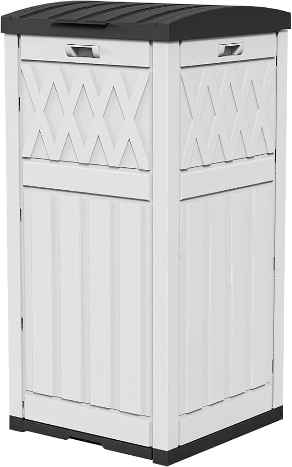 DWVO 38 Gallon Outdoor Trash Can, Resin Garbage Can with Tiered Lid and Drip Tray, Waterproof Trash Bin for Patio, Kitchen, Backyard(Grayish-White)
