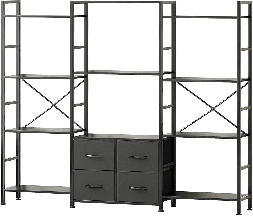 VERMESS Triple Book Shelf, Wide 4-Tier Industrial Bookshelf, Large Bookcase with 4 Fabric Drawer, 70" Display Shelves for Home Office, Living Room, Black