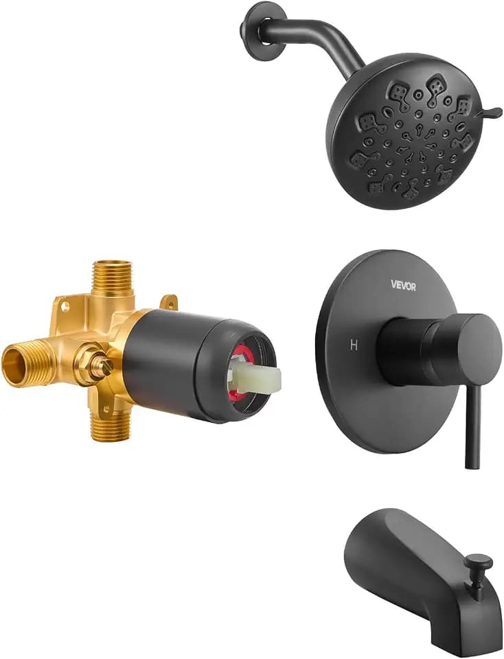 VEVOR Tub and Shower Faucet Set, Complete with 4.7-Inch Rainfall Shower Head and Bathtub Spout, 9-Setting Adjustable Spray, Single-Handle Tub Trim Kit with Brass Pressure Balancing Valve, Matte Black