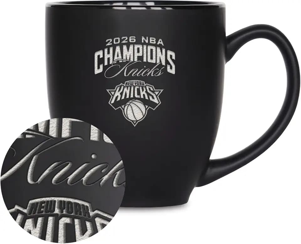 Rico Industries NBA Basketball New York Knicks 2026 NBA Champions 15oz Laser Engraved Matte Black Ceramic Bistro Mug - For Hot or Cold Drinks