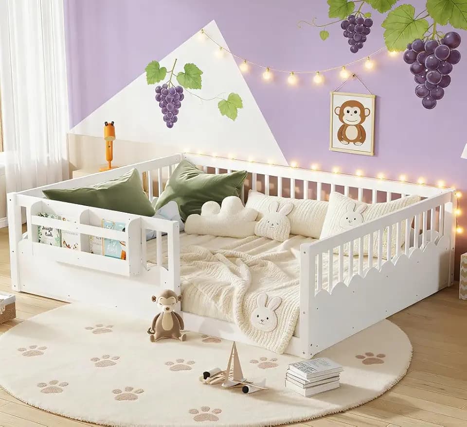 Bellemave Queen Size Floor Bed with high Rails and Bookshelf for Kids, Girls, Boys, Wood Montessori Bed Without Door, White