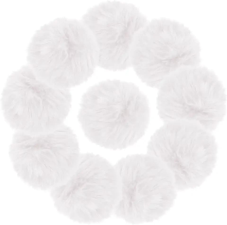 10Pcs White 3.2Inch Faux Fur Pom Poms for Hats with Elastic Loop DIY Crafts