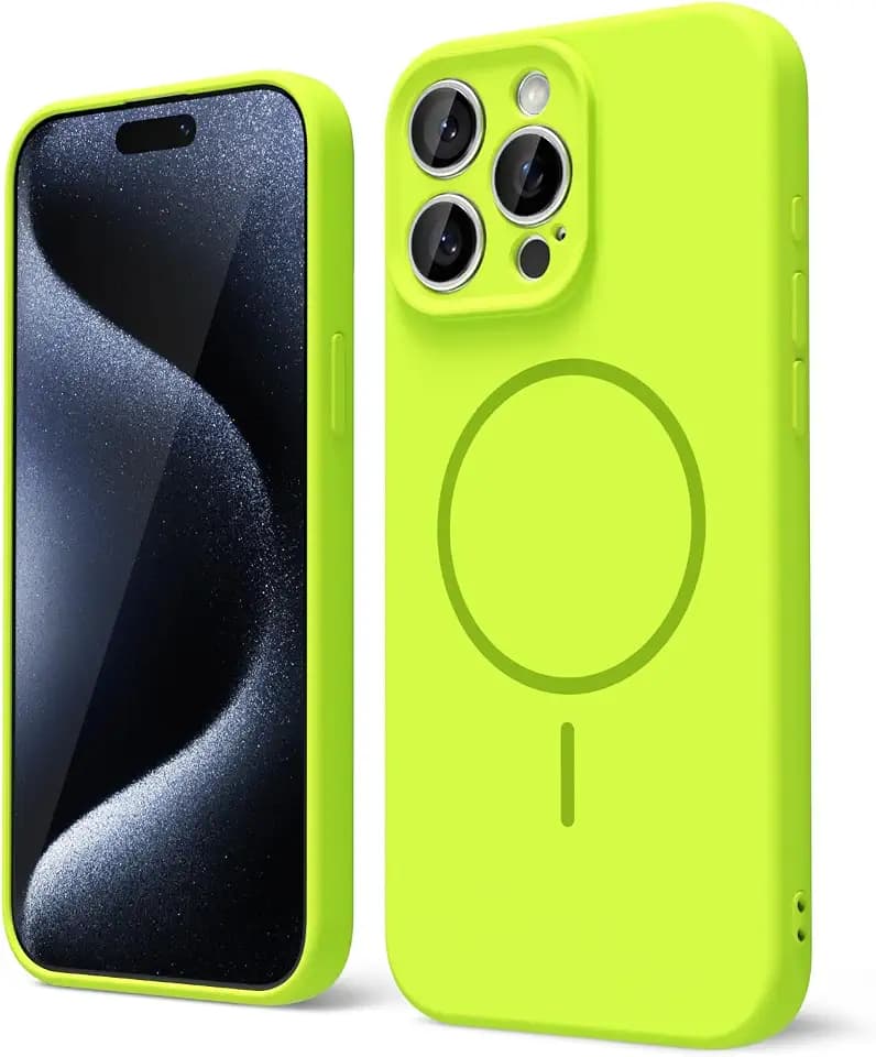 oakxco for iPhone 15 Pro Case Silicone Mag Safe, Magnetic Slim Thin Phone Case Compatible with Magsafe, Women Girls Cute Bright Fluorescent Rubber Safecase with Camera Cover, Lime Neon Green