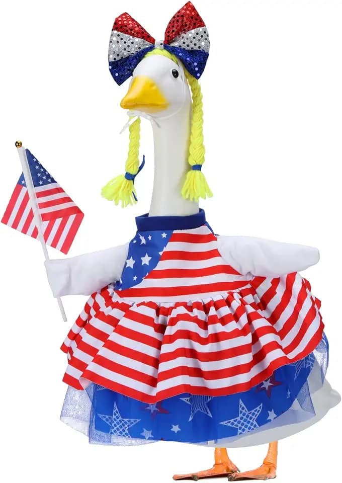 4th of July Porch Goose Outfit with American flag for 23 Inch Plastic & Cement Goose Statue,Patriotic Clothes & Costume Decor for Memorial Day & Independence Day Garden Lawn Patio Yard Outdoor