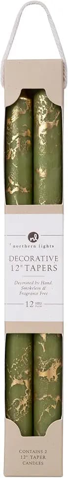 Northern Lights Candles - Premium Decorative Tapers - 12" 2PK - Moss Green w/Gold - 73311