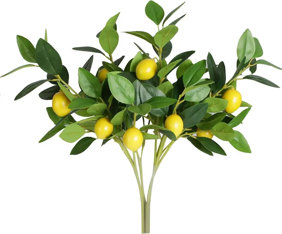 Artificial Lemon Leaves with Lemon, 4 Pack Faux Lemon Branches for Vases, Realistic Lemons Tree Bushes for Kitchen Dining Table Farmhouse Indoor Outdoor Home Decoration