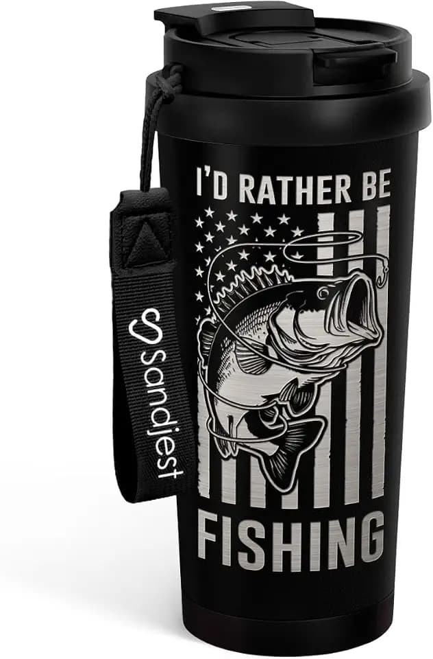 SANDJEST Fishing Tumbler - Stainless Steel 2-in-1 Lid Coffee Tumbler 18 oz, Insulated Travel Mug Gift for Men Husband Dad, Birthday Christmas