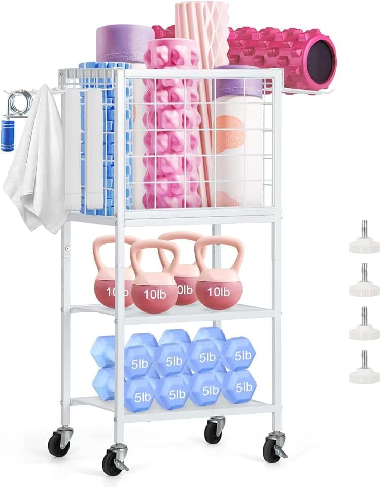 Gewichtsregal für Heim-Fitnessstudio, Workout-Ausrüstung, Aufbewahrungs-Organizer, Heim-Fitnessstudio, Yogamatten-Aufbewahrungsregal, Gewichtsaufbewahrungsregale mit Haken, Yogamattenhalter mit Rädern