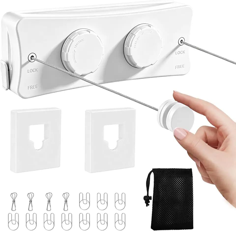 Retractable Clothesline Indoor & Outdoor, 16.7 Ft Non-Sagging Double Clothes Line, Retracting Heavy Duty Clothes Drying Laundry Line, Wall Mounted Stainless Steel Line (White, Dual Line)
