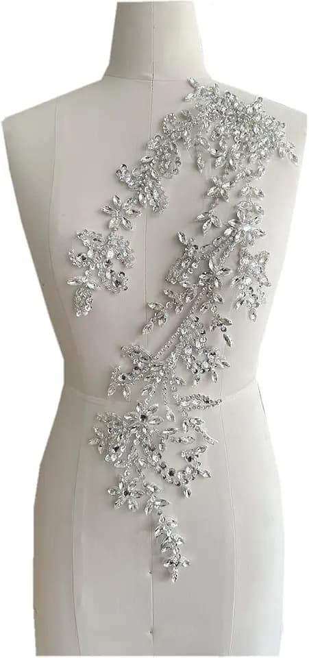 Handmade Shining Acrylic Rhinestones on lace Applique Sewing Beads Stones Trim Patches Accessories for Wedding Dress (Silver)