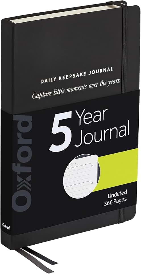 Oxford One Line a Day 5 Year Journal, Daily Keepsake Memory Book with Undated Entries, 366 Pages, 5.6” x 8.3”, Black Hardcover, Ribbon Markers and Pocket for Photos and Mementos (1017049)