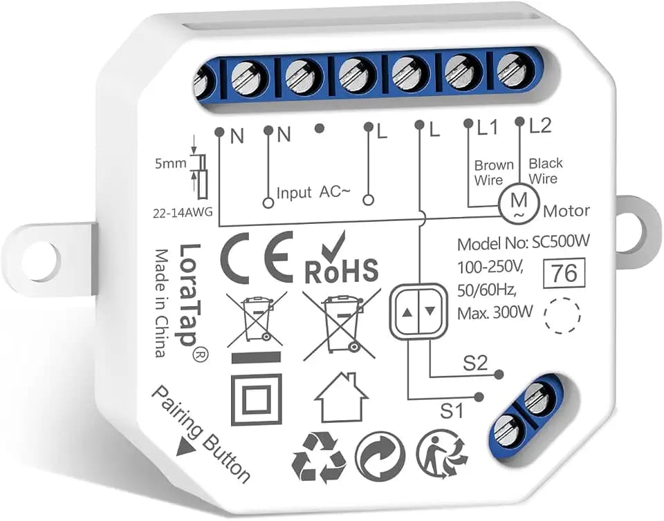 LoraTap Smart Rollladenmodul : Bestehende Rollläden Jalousien Vorhänge Nachrüsten – App Timer – Alexa Google Assistant Sprachsteuerung – 2,4GHz WLAN – 4-Draht AC Rohrmotor 300W