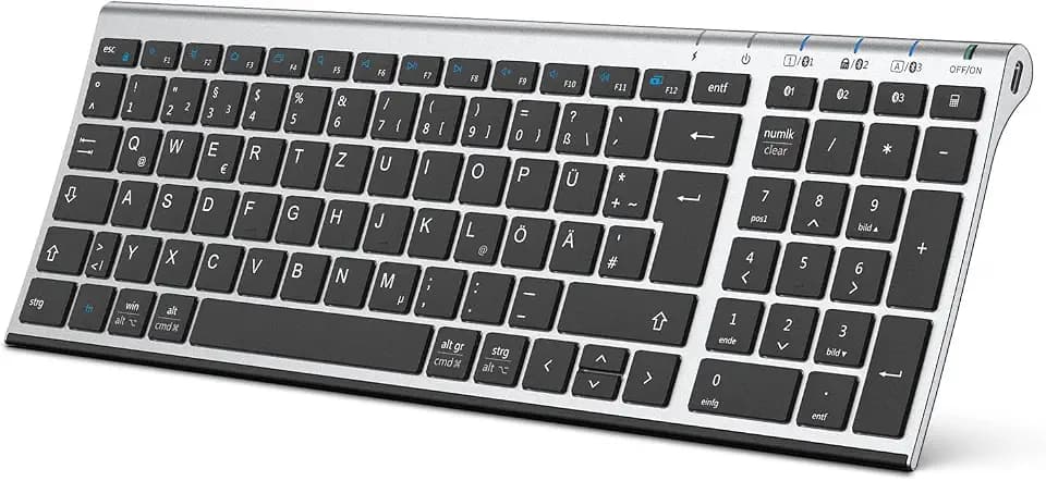 iClever BK10 Bluetooth Tastatur, kabellose wiederaufladbare mit 3 Bluetooth Kanälen, Stabile Verbindung, Ultraslim Ergonomisches Design, Funk Tastatur für iOS, Android, Windows