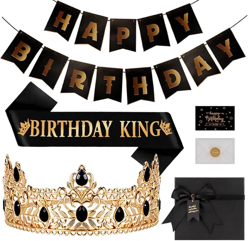 King Crown and Birthday Sash for Men, Gold Rhinestone Tiara Prince Diadem Royal Party Cosplay Prom Gift Birthday Decor