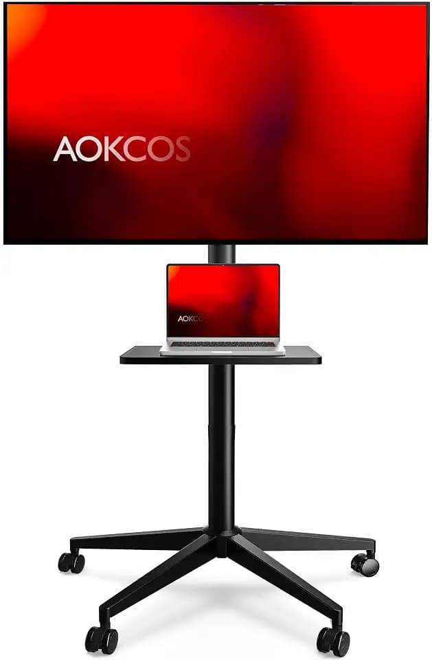 AOKCOS Tall Rolling TV Stand for 32-65 Inch TV, Snap Install Mobile TV Stand with 36 Height Levels, Max Height 68.5", 12° Tilt Rolling TV Cart with Shelf for Office/Home/Living Room/Bedroom