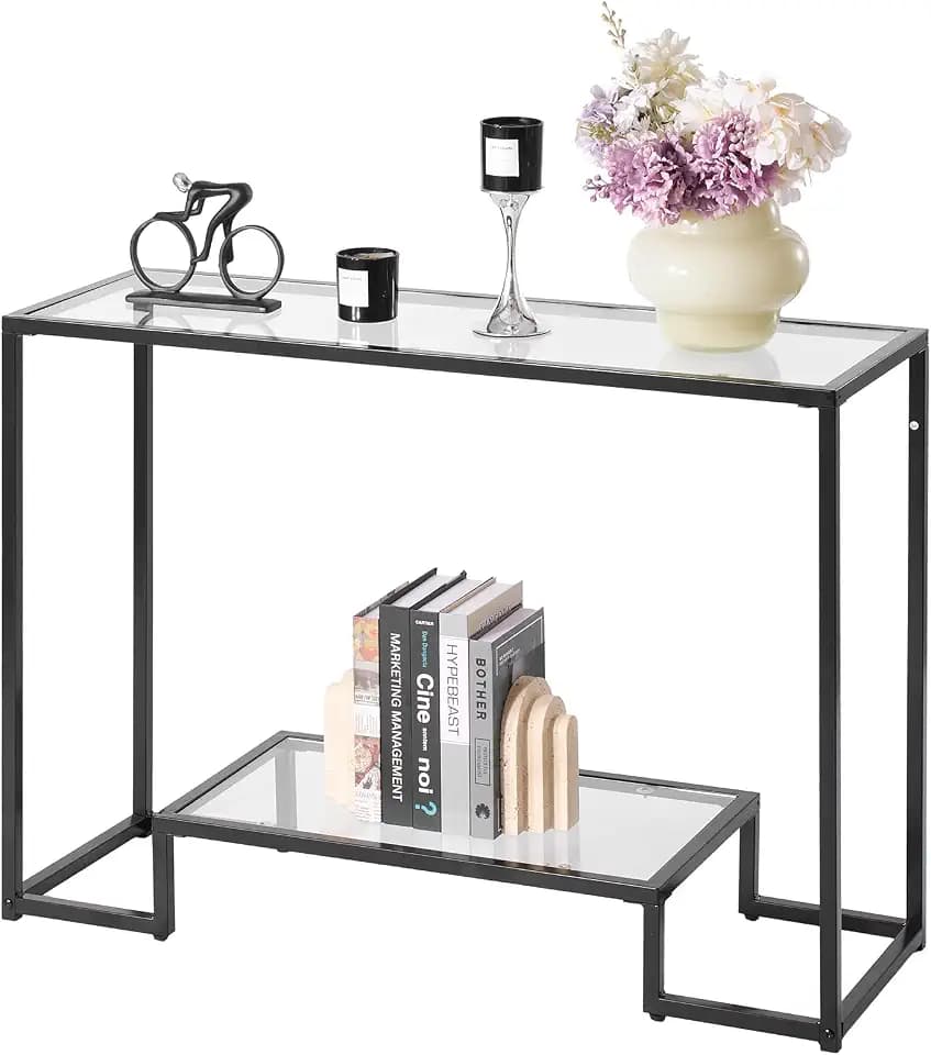 VEVOR Glass Console Table, 42 Inch Entryway Table, Modern Rectangle Sofa Table with Tempered Glass Top and Iron Legs, 2-Tier Consloe Desk for Living Room, Hallway, Entryway