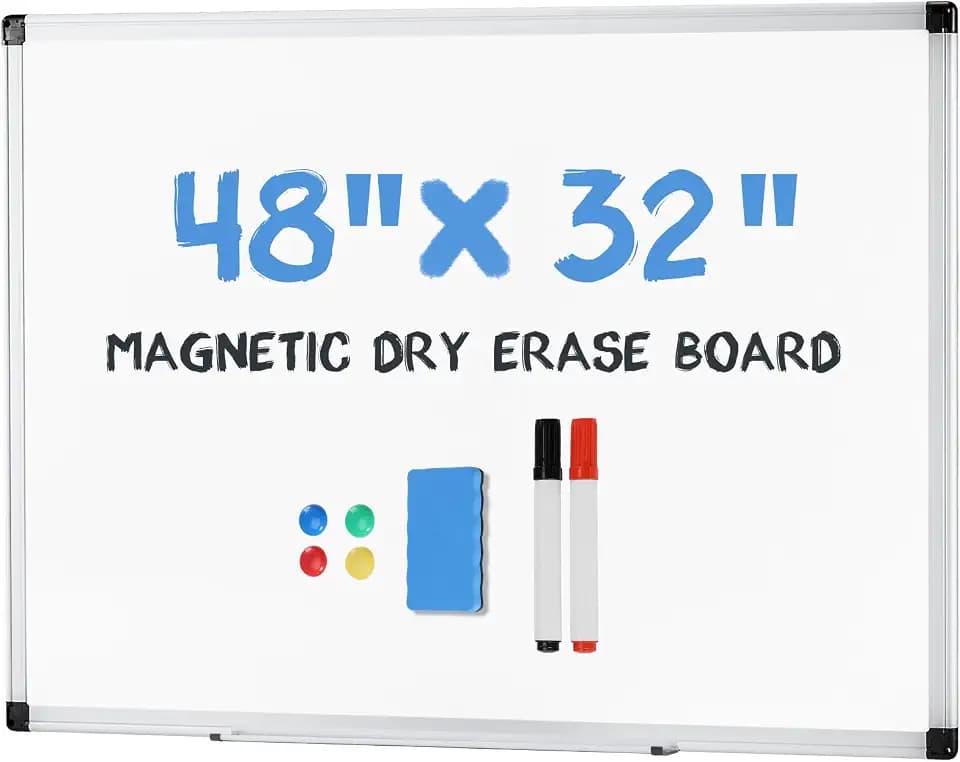 OLIXIS Magnetic White Board, Dry Erase Board for Wall 32" x 48", Whiteboard with 1 Dry Eraser & 2 Multicolor Markers & 4 Magnetic Pins, Aluminium Frame for Home, School, Office, White