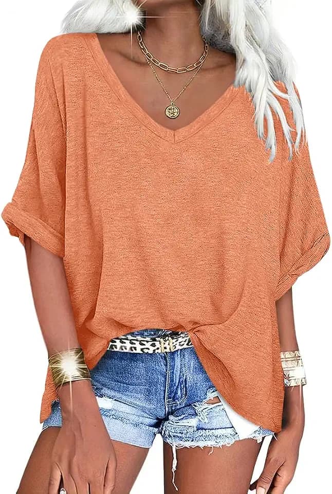 Womens V Neck Oversized T-Shirts Summer Short Sleeve Loose Tops