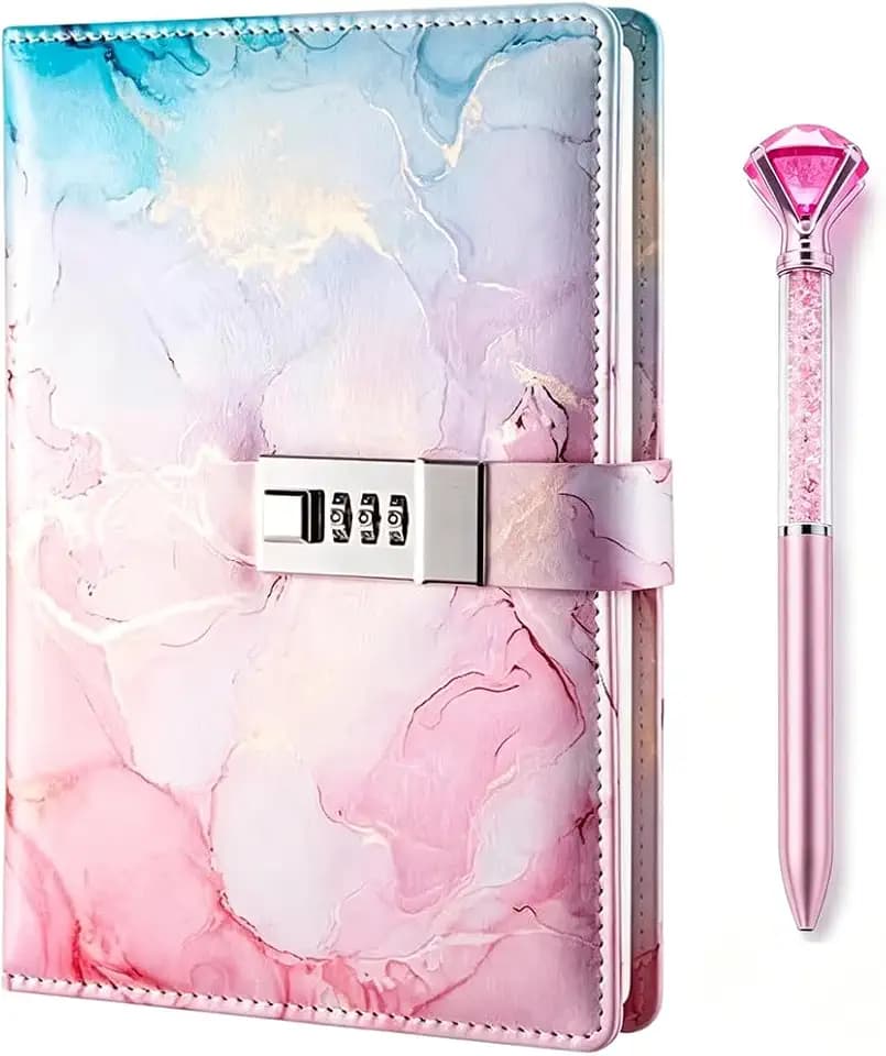 A5 Lockable Journal, Diary with Lock for Girls Gift Ideas, PU Leather Combination Lock Diary, Lock Diary Planner Organizer for Men and Women, Office Product 8.6 x 5.9 (Pink)