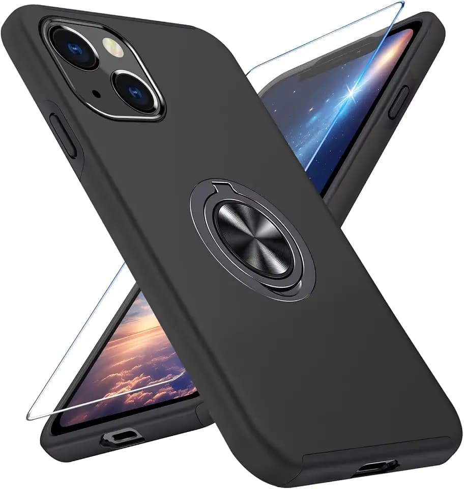 Vaki Handyhülle für iPhone 15 Hülle mit Schutzfolie, Schutzhülle Case mit 360° Magnetischer Ring Ständer Kratzfest Fallfestigkeit Stoßfest für iPhone 15 Cover (Schwarz)