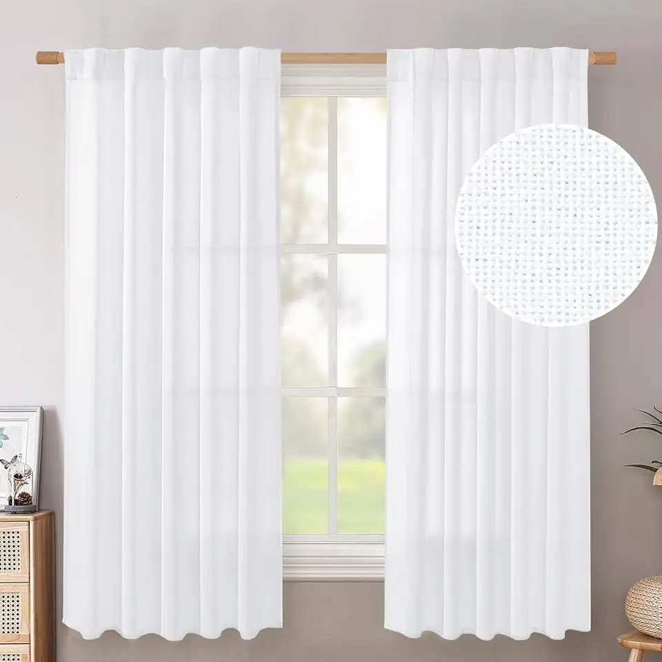 BGment Linen Semi Sheer Curtains 63 Inch Length 2 Panels for Living Room, White Textured Window Drapes Light Filtering Rod Pocket Back Tab for Bedroom, 42 Inch Wide Each Panel
