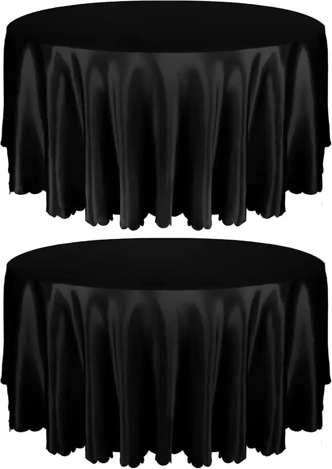 Entisn 2 Pack 120 Inch Round Satin Tablecloth, Black, for 8-12 Seats